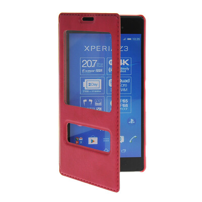 

MOONCASE View Window Leather Side Flip Pouch Stand Shell Back Case Cover for Sony Xperia Z3 Hot pink