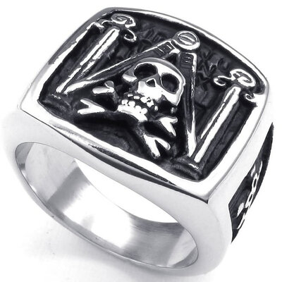 

Hpolw Mens Stainless Steel Ring Vintage Skull Freemason Masonic Silver Black