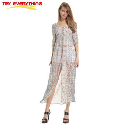 

Try Everything For Women Chiffon Dress Summer 2018 Casual Long Dress Women Elegant Printed Open Fork Half Sleeve Gauze Dress