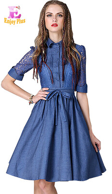 

M L High Quality chest 84-88cm vintage cotton summer 2018 blue jeans dress women half sleeve belt elegant lace a line midi lady