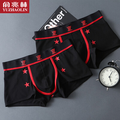 

Yu Zhaolin underwear mens cotton sweat-absorbent five-pointed star printing tide mens underwear boxer U convex waist four corner pants black 2 loaded