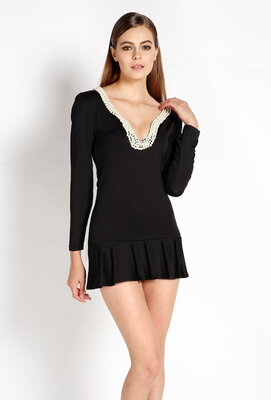 

Womens Long Sleeve Mini Short Pearls Prom Dresses Party Dress Gowns Black