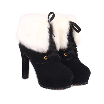 

Women Winter suede Shoes Stiletto Faux Fur Mid Calf Platform Boot Warm High Heel