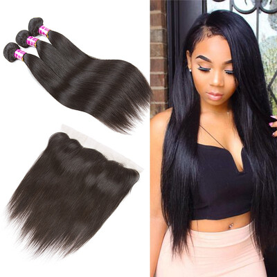 

Glary Indian Beautiful Human Hair 13x4 Lace Frontal With Bundles Virgin Human Hair 3 Bundles With Lace Frontal Natural Black