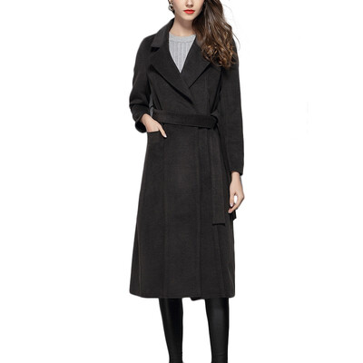 

QUZIHUA 2018 New Spring Winter Women Long Turn-down Collar Lacing Waist Slim Wool Coat Woolen Coat