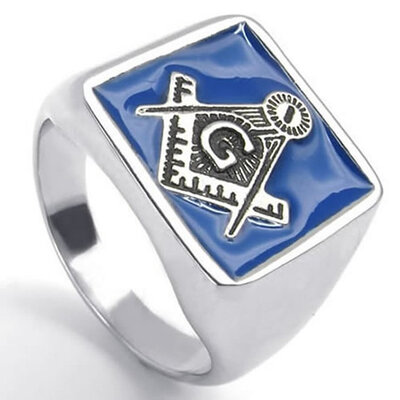 

Hpolw Stainless Steel Embossed Stamped Freemason Masonic Mens Ring, Blue Silver