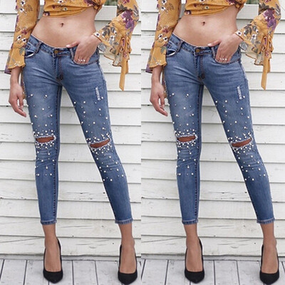 

Women Denim Skinny Zipper Pants High Waist Jeans Long Pencil Trousers