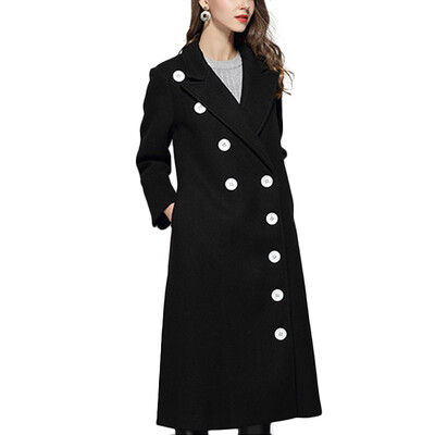 

2018 Spring New Style Elegant Turn-down Collar Thick Double-breasted Long Woolen Coat Long Black Coat Women