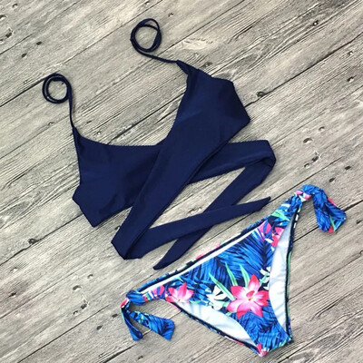 

2018 Women Sexy Bikini Ladies Bandage Floral Printed Swimwears Female Halter Bikinis Set Swimsuit Women Low Waist Bathing Suit