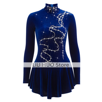 

Figure Skating Dress Womens Girls Ice Skating Dress Blue Velvet Rhinestone Performance Practise Skating Wear Handmade Solid Nove