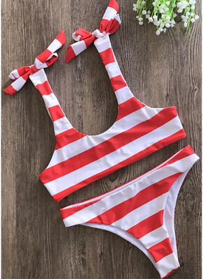 

2018 Striped Print Bow Top Bottom Bikini Set