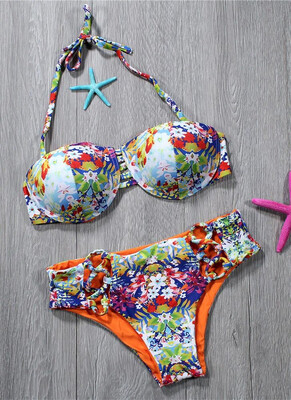 

2018 Women Two Piece Bikini Set Colorful Floral Print Halter Padded Bandage Hollow Out Low Waist Sexy Swimsuit