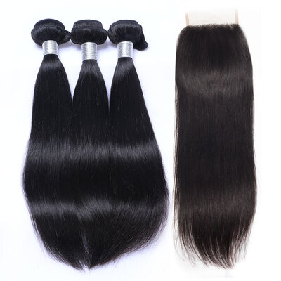 

8A Brazilian Virgin Hair Straight With Closure 3 Bundles Brazilian Remy Human Hair Weaves And Lace Closure 4 Pcs Lot Natural Black