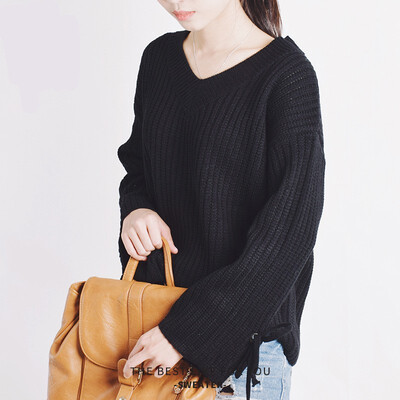 

2018 Winter&Spring New V-neck Collar Lacing Long Sleeve Slit Bow Tie Knit Thin Sweater Women Black Pullover