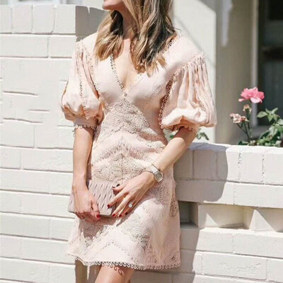 

Hollow Out Dress For Women V Neck Puff Sleeve High Waist Patchwork Mini Dresses 2018 Summer Sexy Sweet Clothing