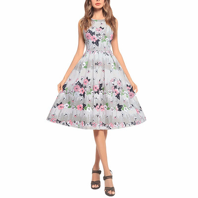 

BOFUTE New Europe America Womens Dresses Sleeveless Printing O-Neck Hepburn Big Pendulum Long Dress A0015