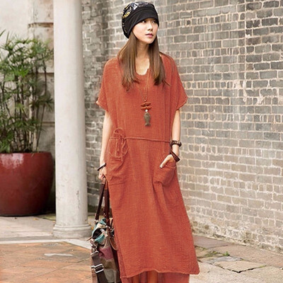 

New Women Autumn Casual Loose Vintage Cotton Long Maxi Dress Plus Size