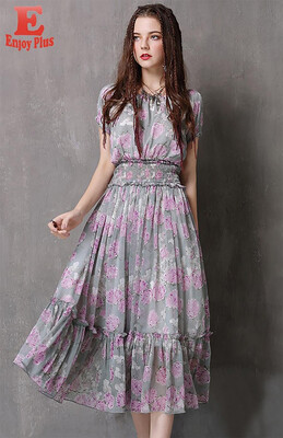 

L elegant chiffon new summer 2018 long dress women short sleeve floral print A line office lady mid calf with ruffles