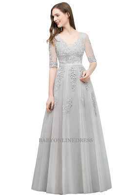 

Babyonline A-line V-neck Half Sleeves Dust Pink Lace Evening Dresses 2018 Backless Applique Long Party Dresses