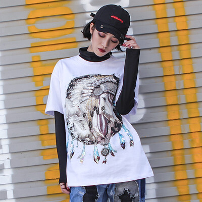 

2018 Spring New Short-sleeved Long Horse Print Sequins Beaded T-shirt Female Loose Thin Bottom T Shirts
