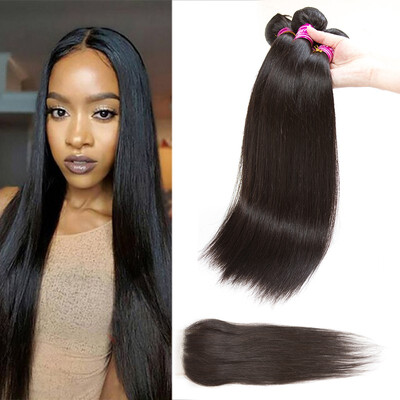 

Glary Peruvian Human Hair 100 Unprocessed Straight Virgin Human Hair 3 Bundles with 4x4 Lace Closure Free Part Natural Black