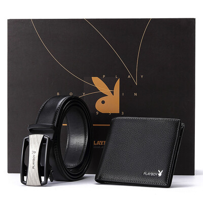 

Playboy PLAYBOY Mens Sheepskin Short Wallet Automatic Buckle Leather Mens Belt Cross-section Wallet Gift Gift Set PJD00028-7B