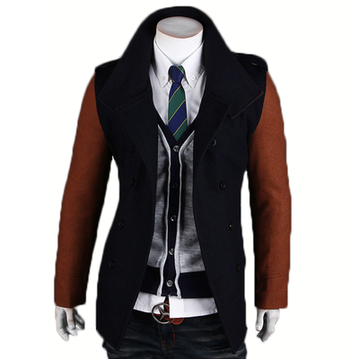 

Zogaa New Mens Wool Coat Contrast Color Double-breasted
