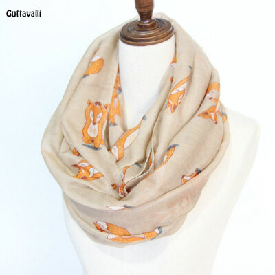 

Guttavalli Women Solid Cute Fox Print Ring Shawl Vintage Animals Viscose Soft Loop Scarf Winter Lowrie Warm Infinity Scarves