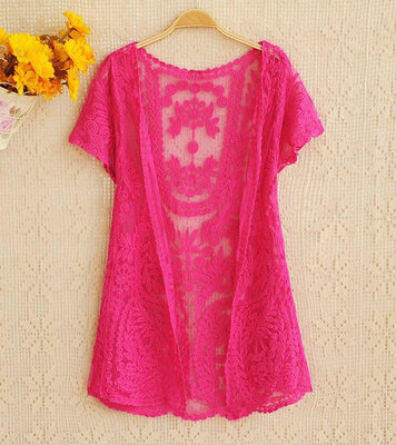 

Womens Hollow-Out Retro Blouse Shirt Lace Embroidery Floral Crochet Short Sleeve Cardigan