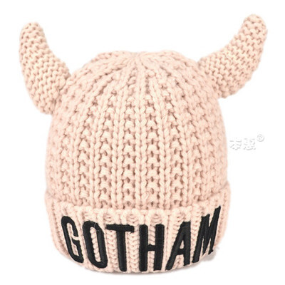 

Buebos Ninos Winter New Bsuper Cute Baby Hat Big Bull Horns GOTHAM Letters Cashmere Knitted Children Kids Baby Hat