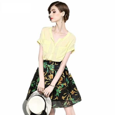 

2018 New Fashion Casual Soft Chiffon Short Sleeve Shirts Print Mini A-line Skirt Summer Set Two Piece