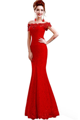 

Elegant Crystal Beaded Red Royal Blue Lace Mermaid Long Evening Dresses 2018 Prom Party Dress