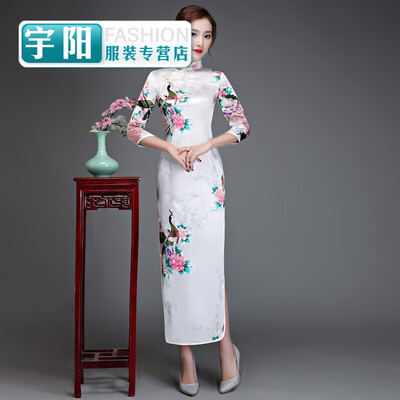 

Silk sleeves long cheongsam slim performance catwalk welcome ceremonial cheongsam dress large size retro