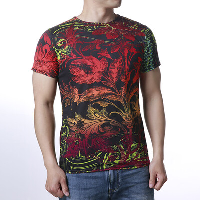 

Mens Floral Printing Strip Contrast Color O-Neck T-Shirts