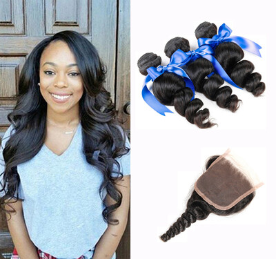 

WYF Virgin Hair Loose Wave 3 Bundles with Closure 100 Brazilian Unprocessed Human Hair