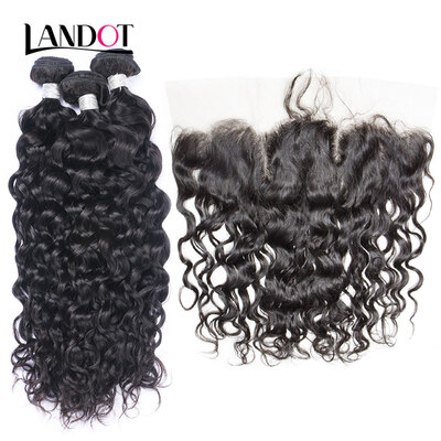 

8A Peruvian Water Wave Virgin Hair With Lace Frontal Closure 3 Bundles Wet And Wavy Curly Human Hair Weaves And Closures 4 Pcs Lot