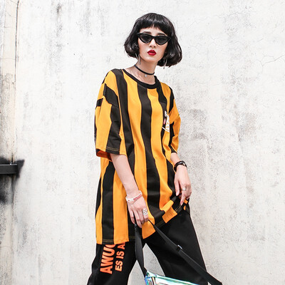 

New Plus Size Summer T-shirt Womens Stripe Tide Long Loose Short Sleeve Fashion T Shirt Summer Top