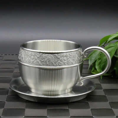 

Восточный олово - Кофейная чашка Pewter с оловянной тарелкой ручной резной красивой тисненой CCP Pure Tin 97% бессвинцовая ручная работа в Таиланде