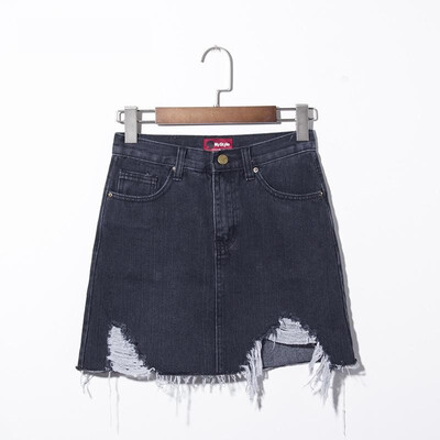 

Tissbely Ripped Denim Mini Skirt Women High Waist irregular Hole A Line Black&Blue Sexy Casual for Female Cowboy Skirts