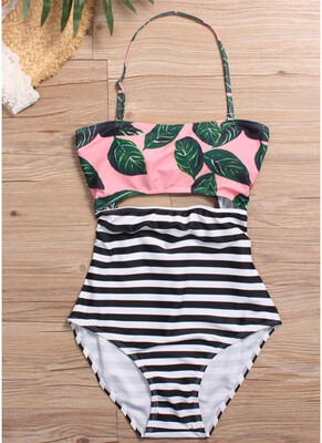 

2018 Floral Striped Halter One Piece Swimsuit