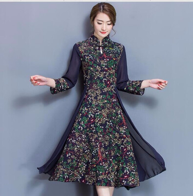 

Cotton Linen Print Flower Women Dress Vintage Slim Elegant Ladies Dresses