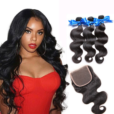 

WYF Indian Vigin Hair Body Wave 3 Связки с закрытием 100% необработанные человеческие волосы для тела