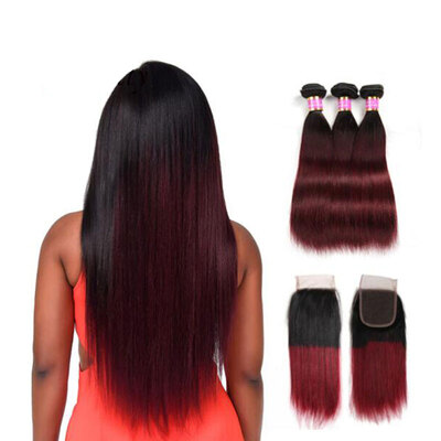 

Museladybeauty Ombre Бразильские волосы Virgin Silky Straight 3 комплектов с кружевным закрытием 4x4 двухцветных человеческих волос 1b / 99j Бесплатная доставка