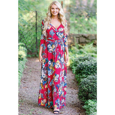 

2018 Summer Dress Sexy Deep V Neck Beach Casual Tunic Femme Vestidos Half Sleeve Boho Floral Printed Women Long Maxi Dresses