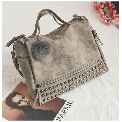 

Vintage Nubuck Leather Female Top-handle Bags Rivet Larger Women Bags Hair Ball Shoulder Bag Motorcycle Messenger Bag LB447