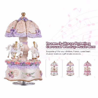 

Luxury Dream 3-Horse Rotating Carousel Merry-go-round Windup Music Box with Colorful Color Change LED Luminous Light Melody of Cas