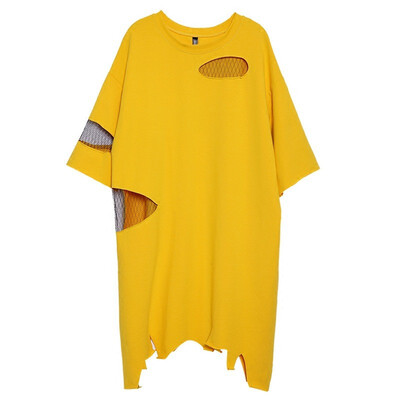 

Dress 2018 Summer New Women Loose Long Three Quarter Sleeve Female Hole Network Irregular Plus Size Dresses