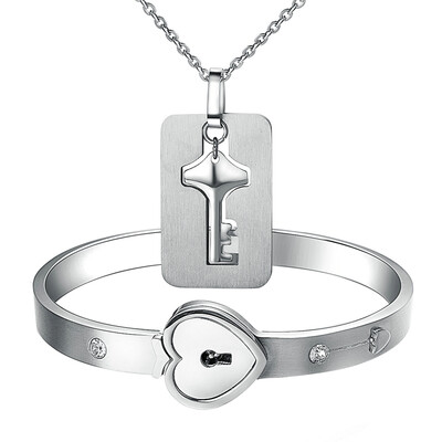 

Yoursfs Jewelry Set Love Heart Lock Bangle Key Pendants Necklace Couple Jewelry Gift