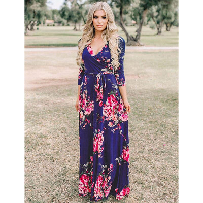 

2018 Summer Dress Sexy Deep V Neck Beach Casual Tunic Femme Vestidos Half Sleeve Boho Floral Printed Women Long Maxi Dresses