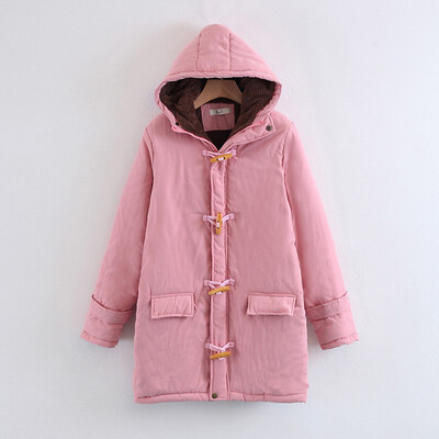 

2018 New Arrival Horn Button Lambskin Long Womens Cotton Coat Large Size Casual Slim Hooded Coat Outerwear Parka